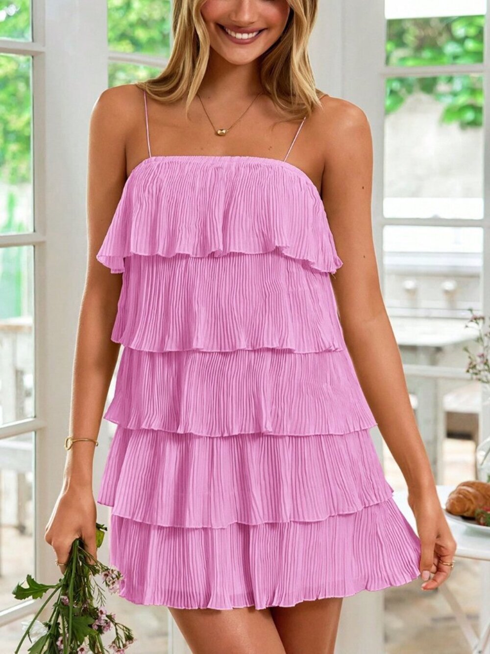 Baby Pink Women's Multi-Layer Ruffled Hem Spaghetti Strap Camisole mini Dress